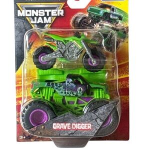 Monster Jam Grave Digger and Motorcycle Set - Green and Purple